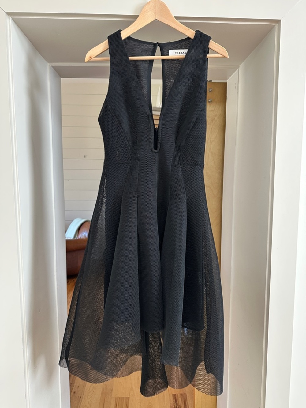 Elliatt Black Sleeveless V-Neck Mesh-Overlay Midi Dress